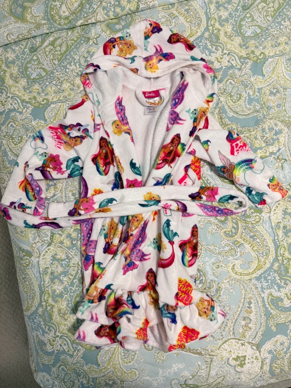 Barbie White Hooded Plush Robe with Multicolor Mermaid Print